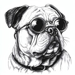 A black and white drawing of a dog wearing glasses