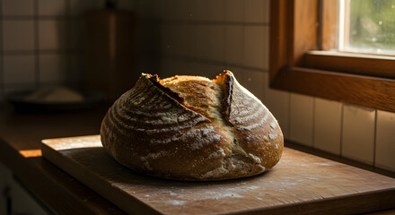 Rustic sourdough bread with crispy crust on wooden cutting board in warm kitchen light