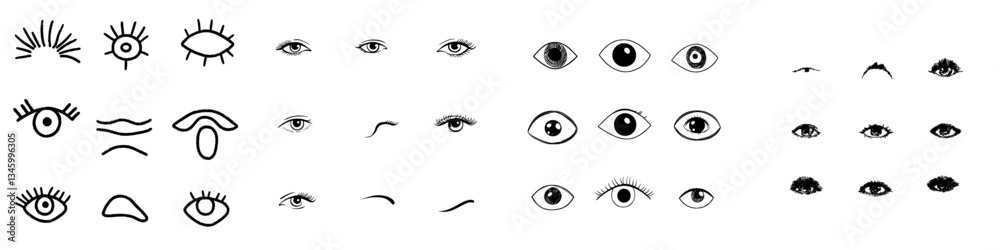 Poster modern supervision symbols and searching signs, including open and closed eye icons with eyelashes a