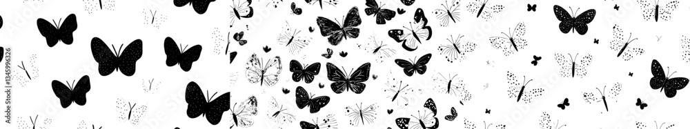 Poster The design features a seamless pattern of colorful flying butterflies, with beautiful insects isolated on a white background, perfect for a modern border design that captures the essence of spring