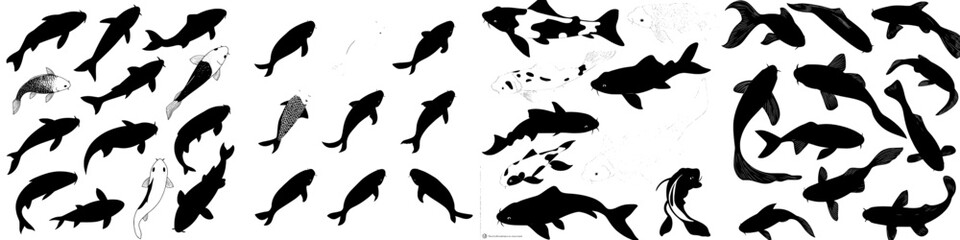 Obraz premium Modern illustration of black and white koi fish silhouettes, featuring Asian-inspired Chinese or Japanese carp fishes in a contemporary graphics style
