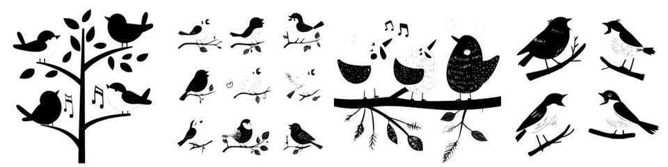 Bird songs, singing birds perched on tree branches, cartoon musical baby background, romantic couple banner, little birdie whistle song cute modern illustration isolated