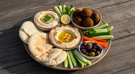 Middle Eastern mezze platter with hummus, baba ganoush, falafel, pita bread, olives, and fresh vegetables