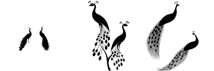 Fototapeta premium Modern laser-cut designs of peacocks and other animals in monochrome, featuring cute tail details and isolated on a white background, include black peacock logo elements and peafowl silhouettes