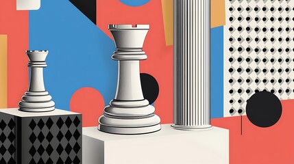 Artistic exhibition posters featuring abstract backgrounds, Roman columns, and chess motifs in a stylish vector illustration
