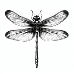 A black and white drawing of a dragonfly