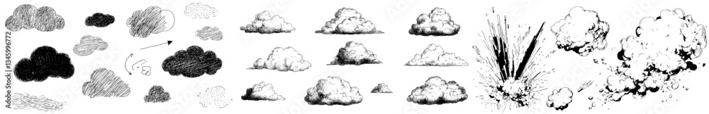 Poster Doodle clouds are set amidst hand drawn linear weather in a cartoon sketch of the sky with fluffy elements in modern illustration