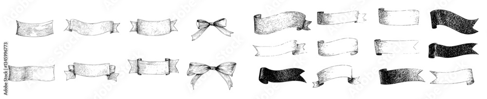 Poster Blank ribbons and empty ribbon banners are utilized as sketches and design elements in the creation of label shapes, signs, decorations, tags, emblems, and vintage-inspired tattoo drawings in modern