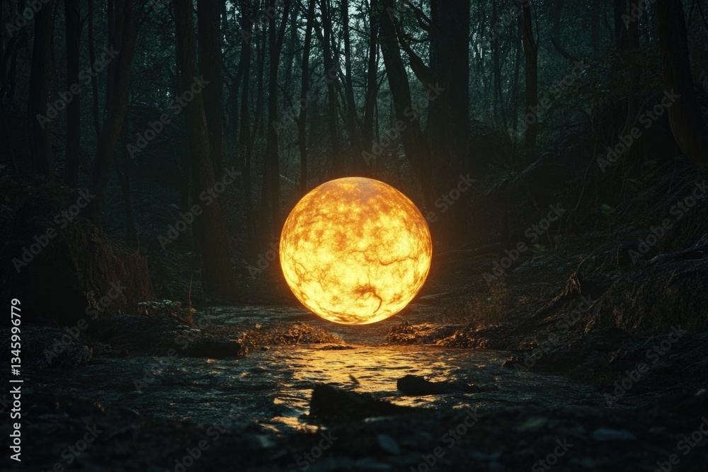 Poster A mysterious glowing ball sits amidst trees in a dense forest, ideal for use as a symbol or metaphor in various contexts