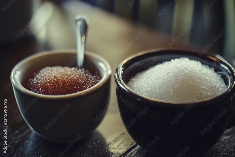 Poster a simple still life setup featuring two cups and a spoon on a wooden table