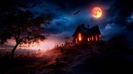 Fototapeta premium Spooky Halloween Night: Haunted House on Hilltop under Blood Moon