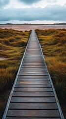 A serene wooden pathway leads through soft golden grass under a cloudy sky. This tranquil scene invites exploration and offers a moment of reflection. Generative AI