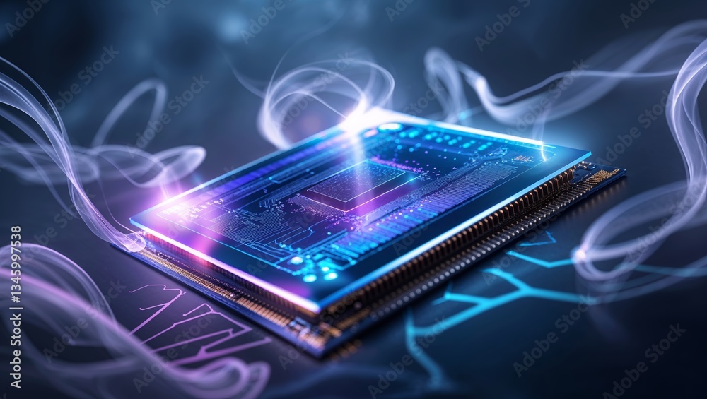 Poster visual representation of a modern microprocessor surrounded by digital effects at a tech event