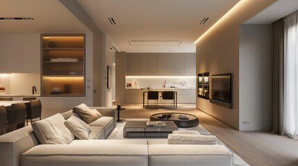 Fototapeta premium Modern Open Plan Living Room Interior Neutral Color Palette