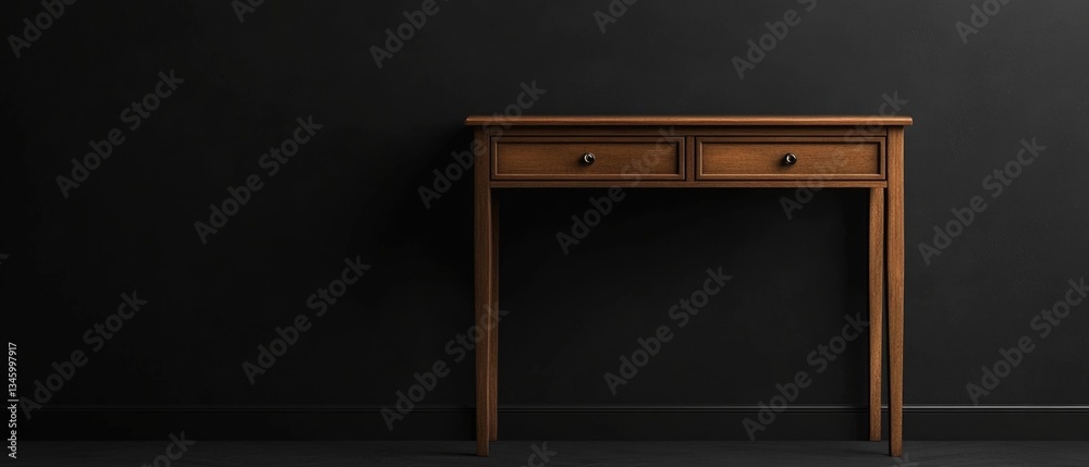 Poster a simple wooden table with two drawers standing against a black wall, perfect for use in minimalisti