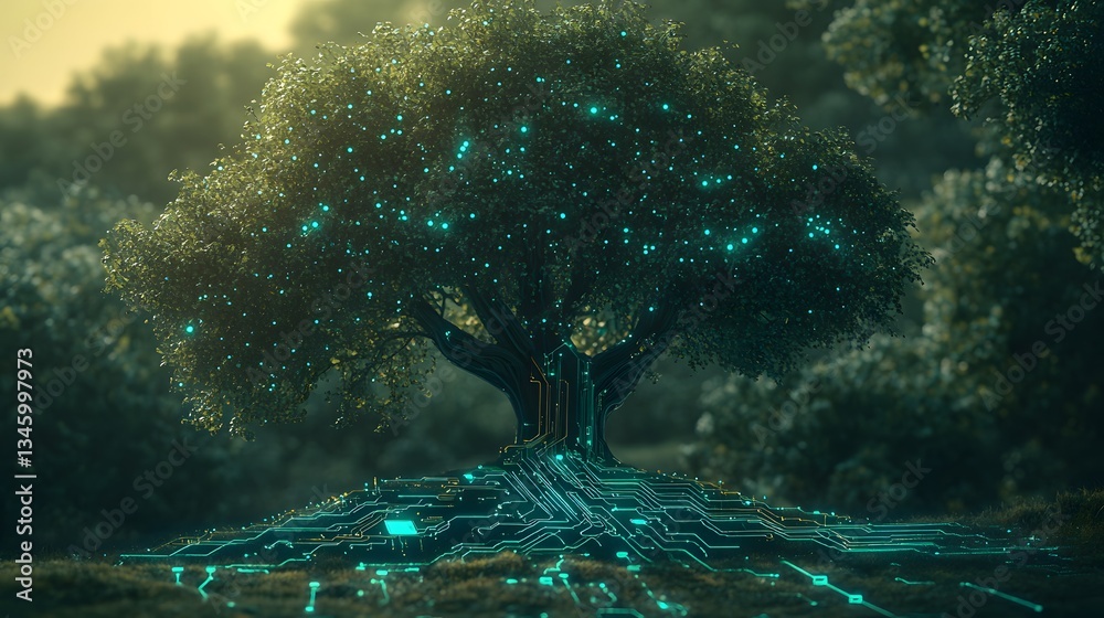 Poster glowing futuristic tree growing from circuit board roots in magical forest
