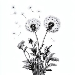 A black and white drawing of a field of flowers with a few dandelions