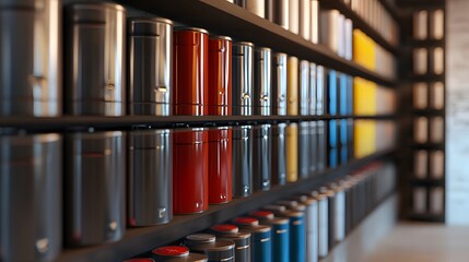 Obraz premium Colorful metal containers sitting on shelves in modern grocery store