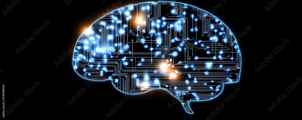 Poster artificial intelligence brain power: futuristic circuit board and digital thinking