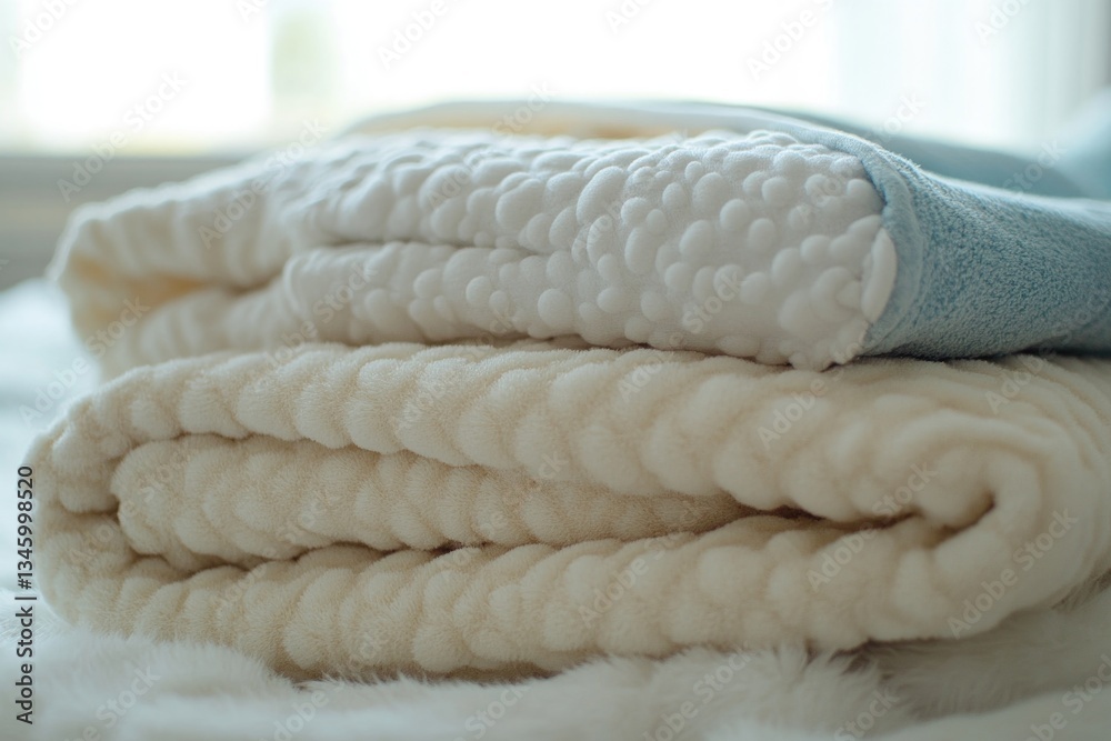 Poster A stack of towels resting on a bed, ready for use