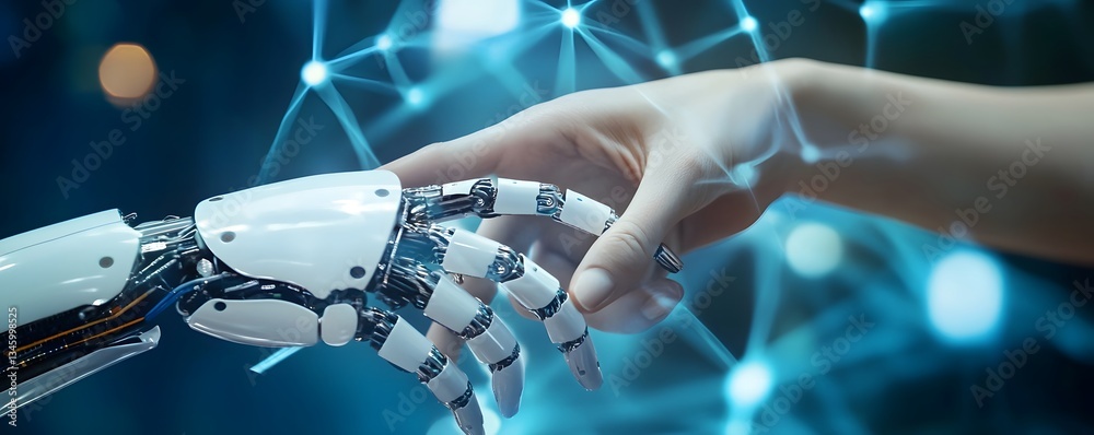 Poster human hand touching robotic hand symbolizing artificial intelligence