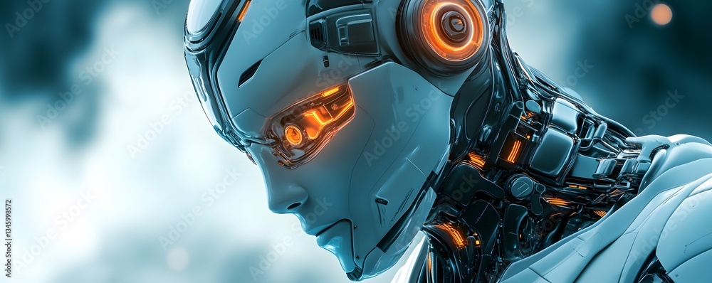Poster futuristic android contemplating in a smoky atmosphere