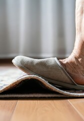 Senior foot in slipper catching on folded carpet edge causing tripping hazard in home