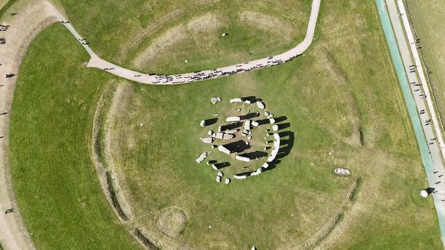 Overhead birds eye drone aerial view Stonehenge prehistoric structure on Sainsbury plain