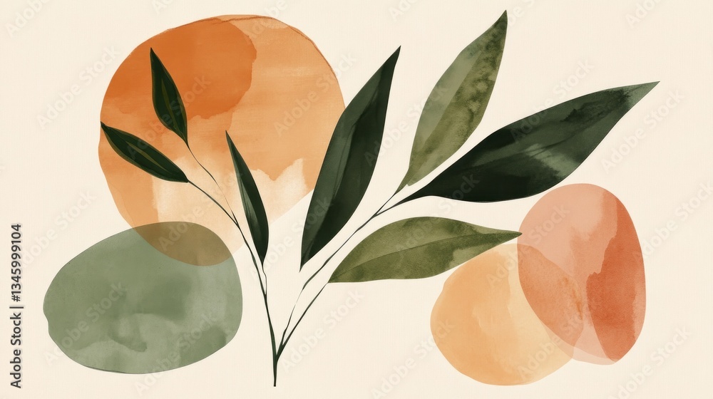 Poster Delicate leaves gracefully extend across a soft canvas, harmonizing with colorful abstract shapes. The gentle blend of earthy tones evokes a tranquil feeling of nature’s beauty