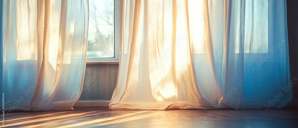 Poster a warm ray of sunlight shines through the open curtains of a window, casting a bright glow