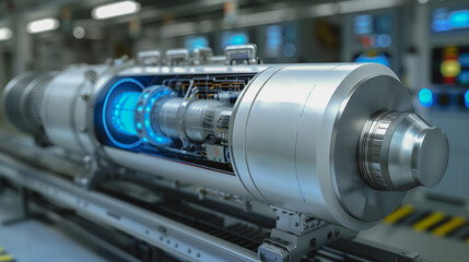 Engine Technology: A close-up view showcasing a complex engine, its inner workings exposed in a cutaway. Illuminated by a cool, vibrant blue light, emphasizing the advanced technology.