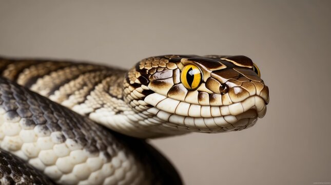 A close up of a snake's head with yellow eyes