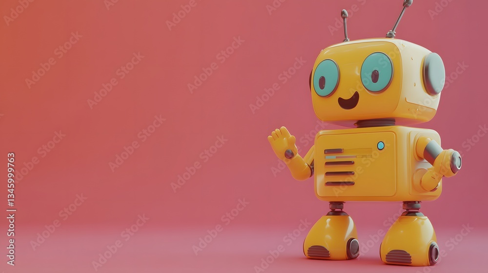 Poster friendly robot waving on pink background: artificial intelligence and innovation