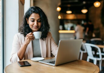 Indian woman in cafe smiling while working on laptop and drinking coffee