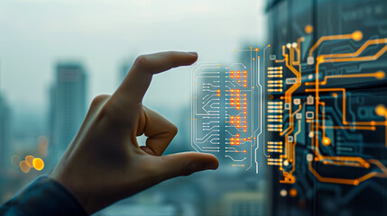 Tech's Guiding Hand: A person's hand carefully holds a futuristic microchip, its circuits glowing with digital energy.