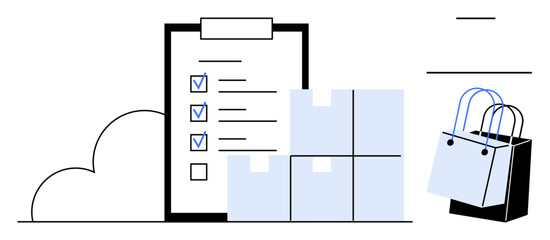 Clipboards with checklists beside stacked shipping boxes and shopping bags. Ideal for logistics, inventory, order fulfillment, e-commerce, retail, supply chain, and warehouse management. Clean