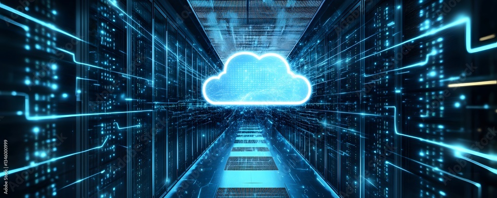 Poster Cloud computing data storage representing server room technology