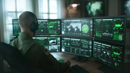 Surveillance Hub: A person immersed in a control room, monitoring multiple screens displaying complex data, graphs, and geographical information, with the flag subtly present.