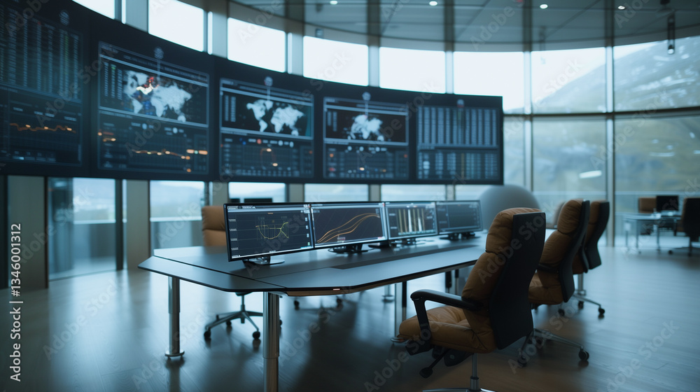 Poster digital command center: a high-tech command center, monitors data streams, set against a backdrop of