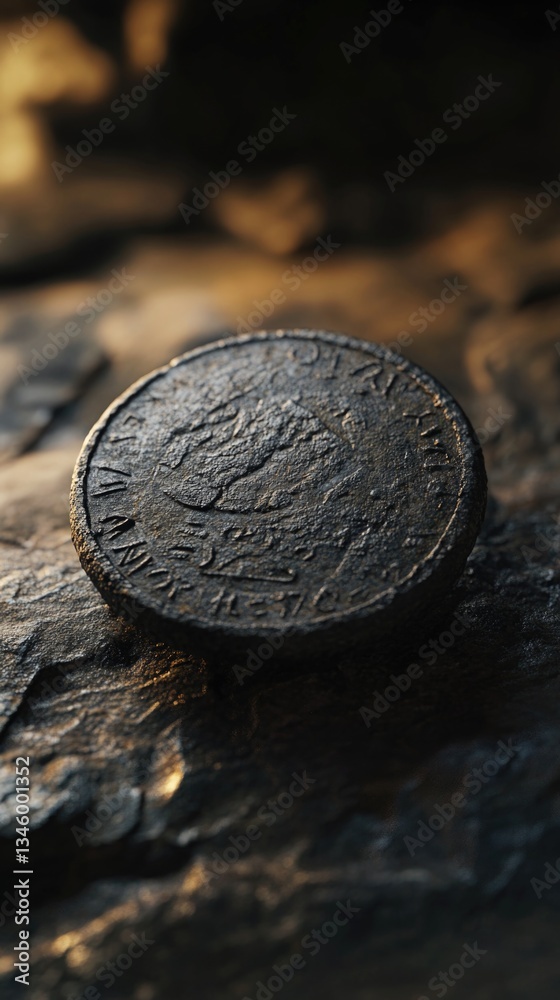 Poster a single coin sits on a wooden table, ready for counting or examination