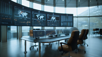 Digital Command Center: A high-tech command center, monitors data streams, set against a backdrop of panoramic windows and a natural outdoor view.