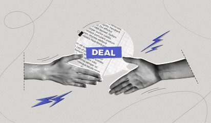 Trendy Halftone Collage Partner Handshake. Business agreement and teamwork. Cooperation concept. Make a deal. Shaking hands. Paper texture speech bubble message. Contemporary vector illustration art