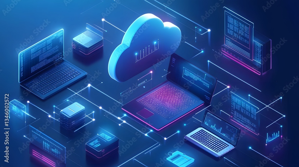 Poster Cloud computing connecting laptops and databases in futuristic network