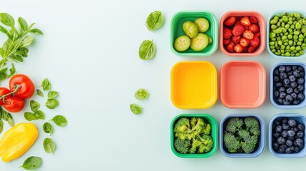 Colorful containers filled with fresh fruits and vegetables arranged neatly on a light background, promoting healthy eating and meal prep.
