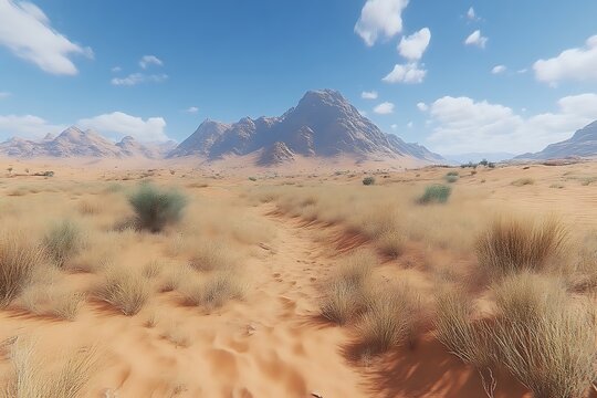 Desert landscape with mountains and sparse vegetation.