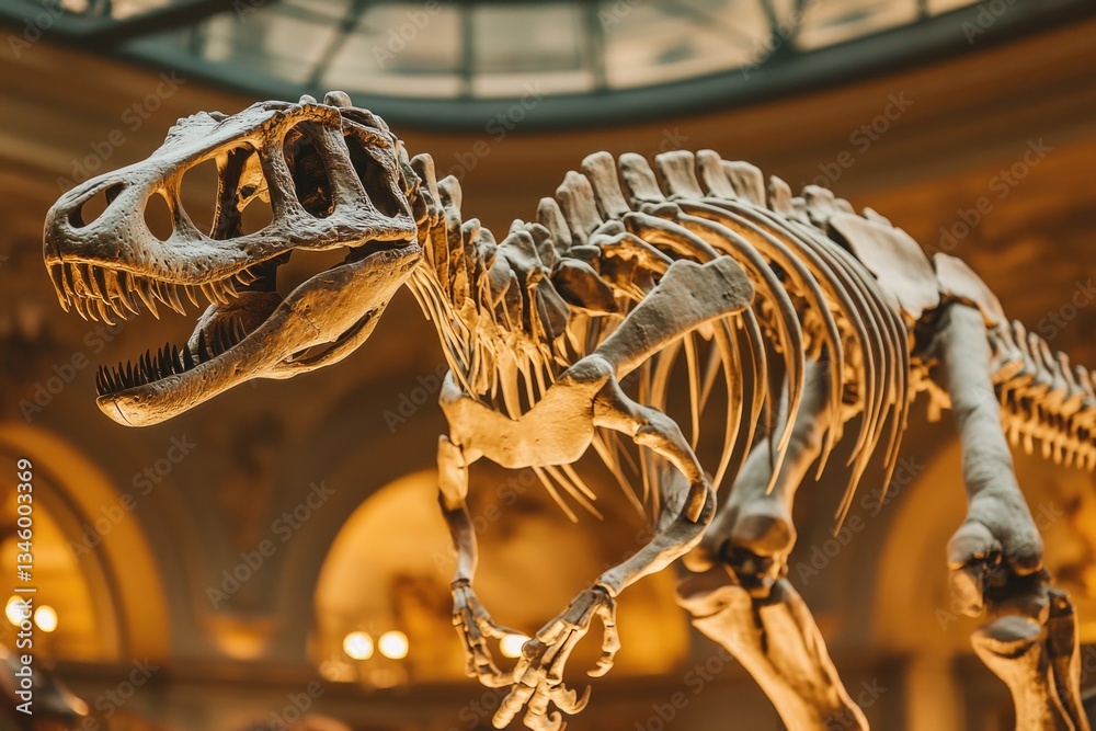 Poster A fossilized T-Rex skeleton on display in a modern museum setting
