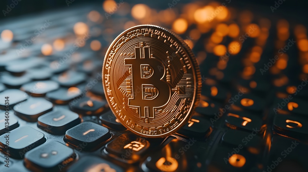 Aufkleber bitcoin cryptocurrency coin rests on backlit keyboard suggesting online trading