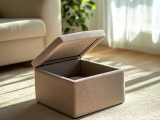 A small ottoman sits on the floor of a cozy living room, perfect for placing a footrest or extra seating