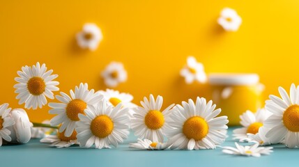 Obraz premium Bunch of white daisies are scattered on a blue background