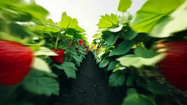 First person flight through strawberry field rows